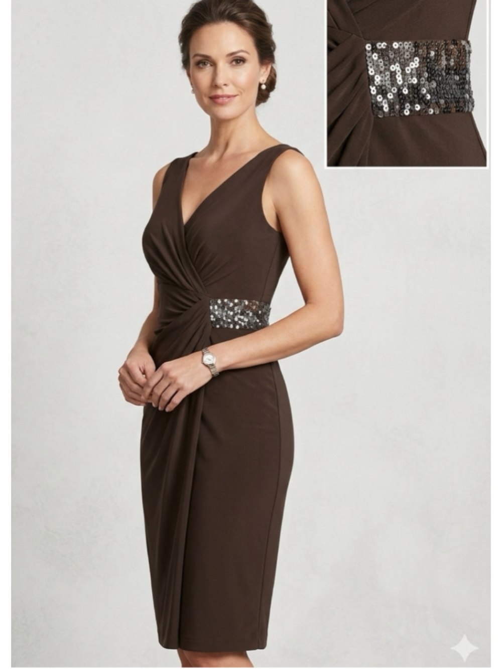 Anne Klein Chocolate Brown Twist-Front Midi Dress w/sequence waist detail 1989